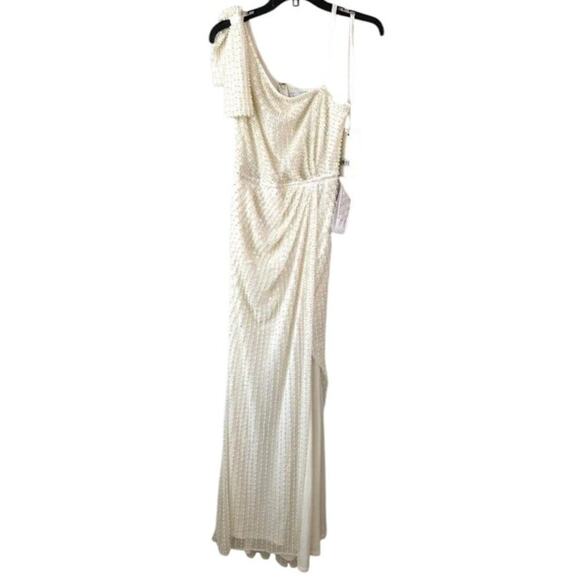 MAC DUGGAL Pearl Embellished Soft Tie One Shoulder White Evening Dress Gown sz 8 - Picture 7 of 8